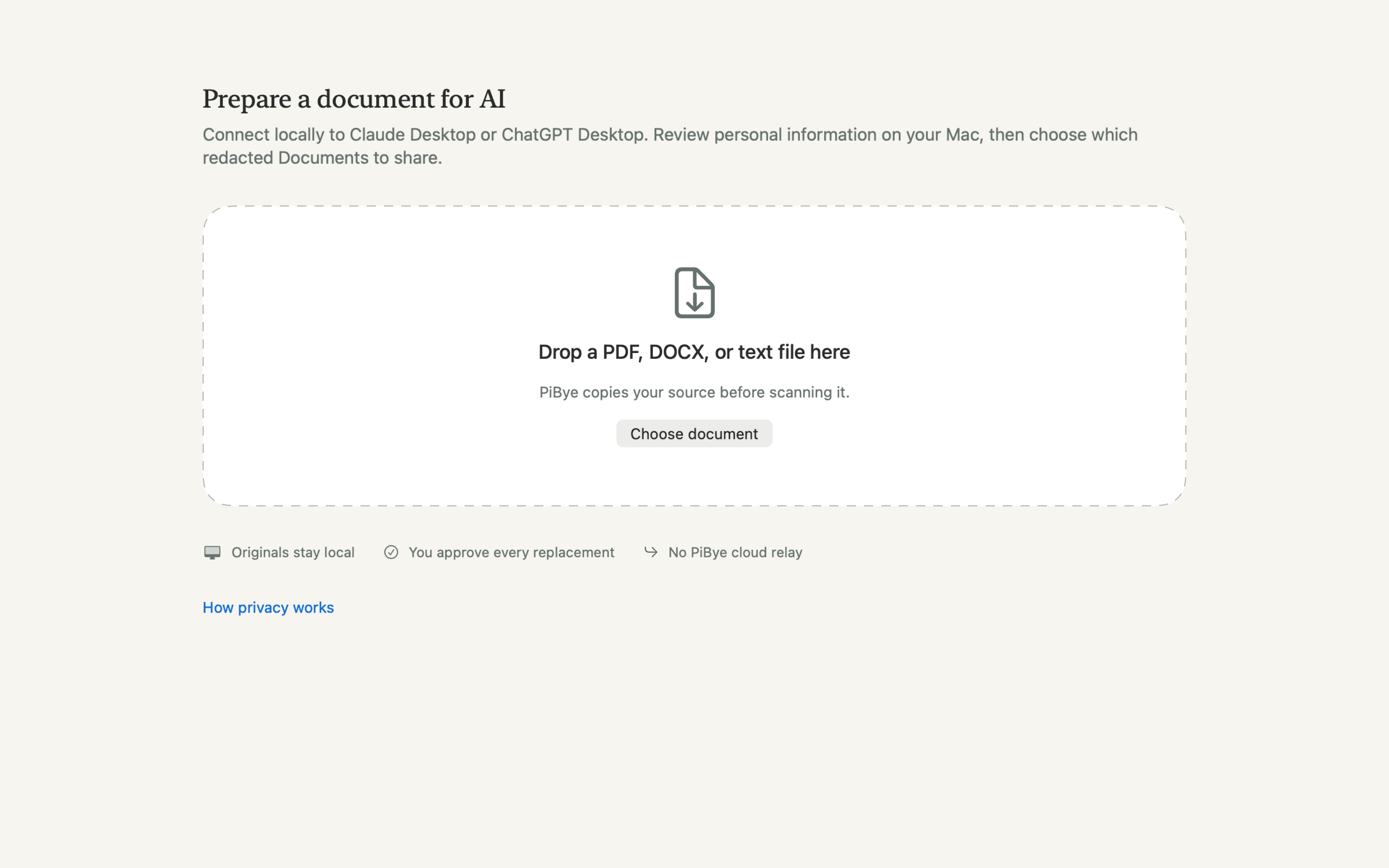PiBye import screen: drop in a document