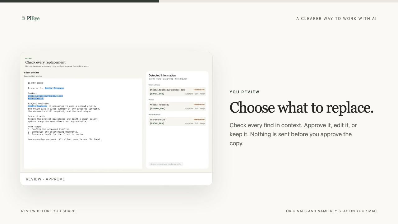 Frame from the PiBye demo: the review screen with each detected name, email and phone number marked for approval