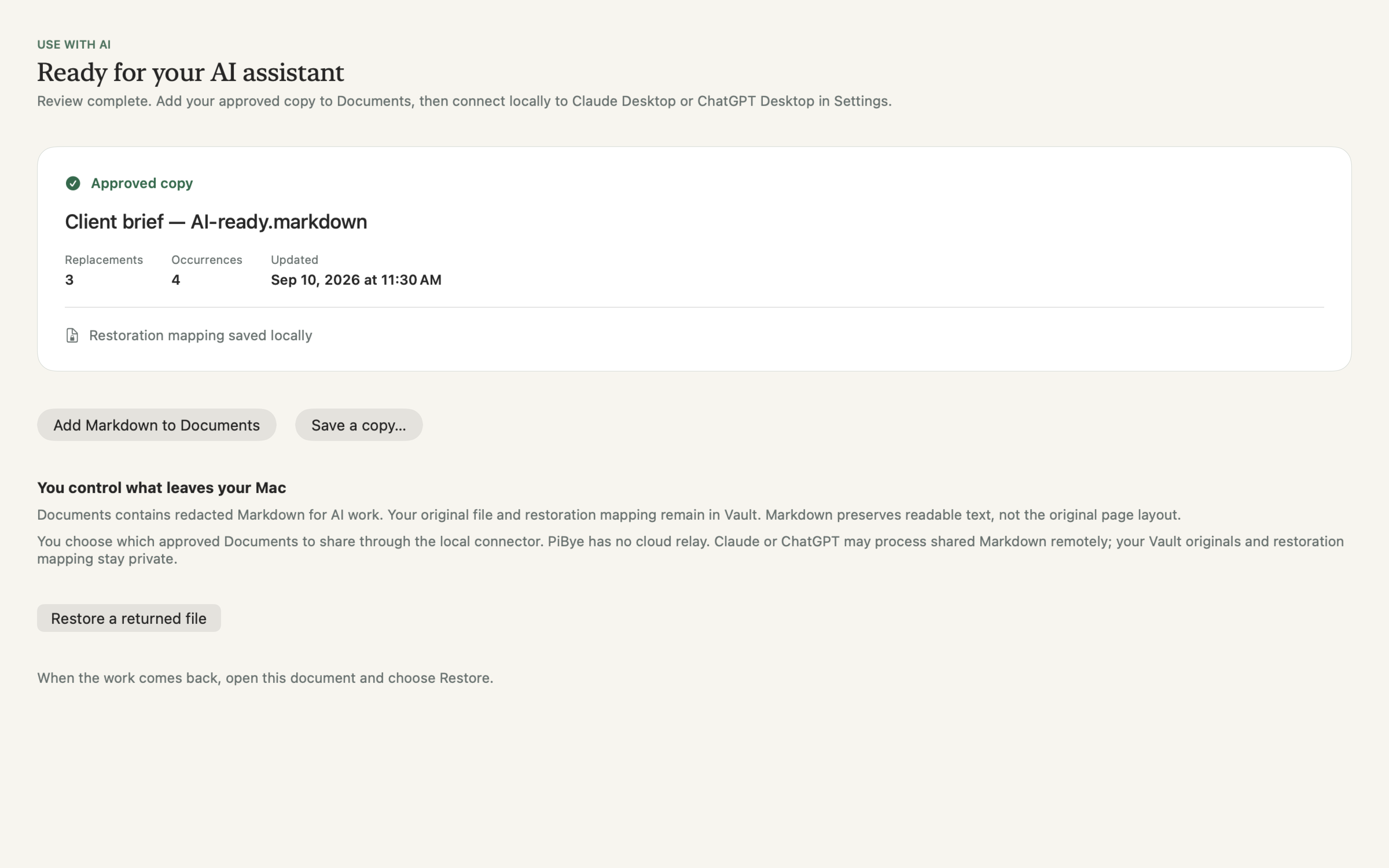PiBye showing an approved HR document copy ready for AI