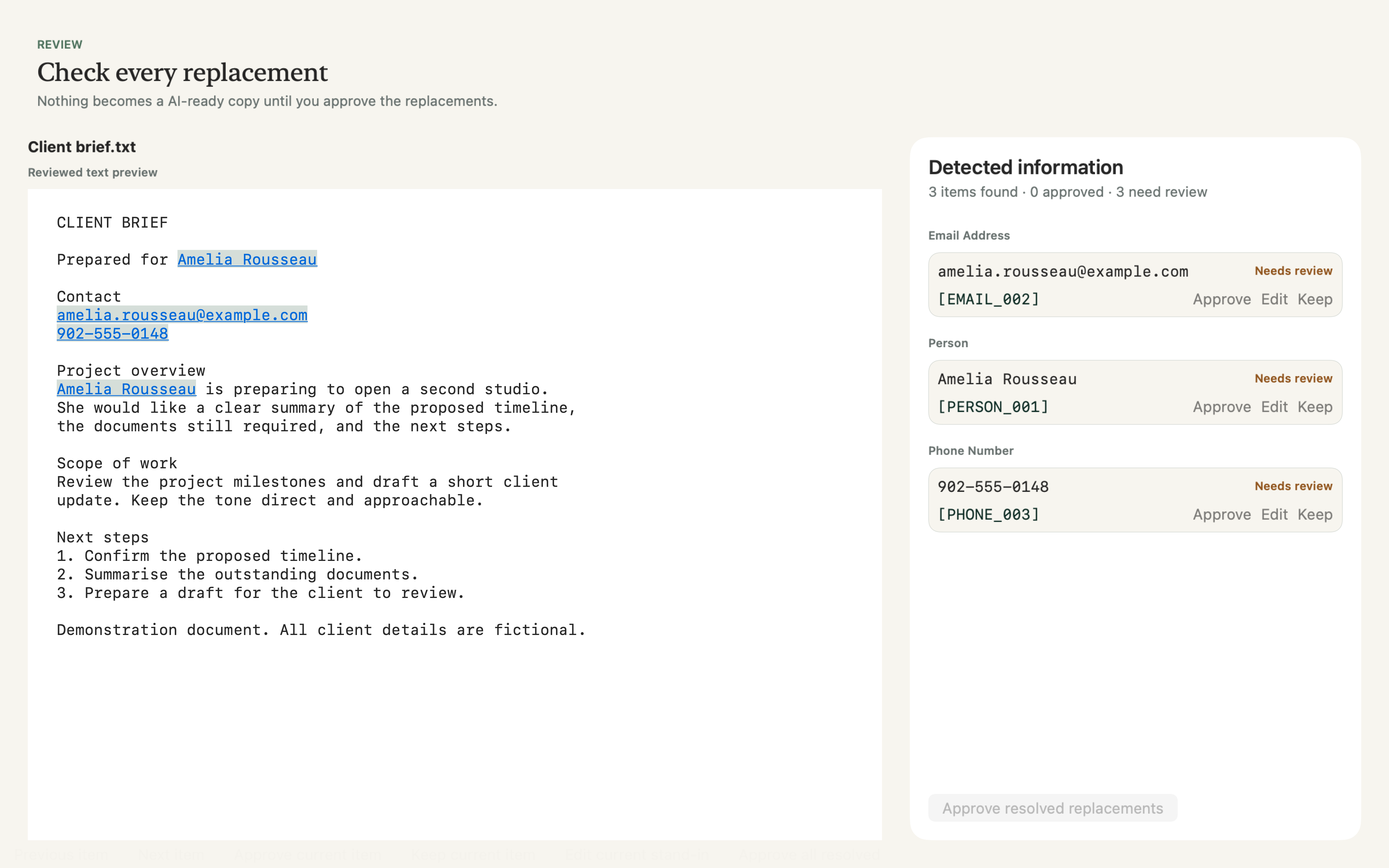PiBye review screen showing client names and contact details detected in a legal document